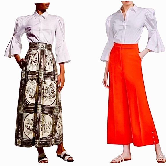 Lela Rose Button-Down Poplin Blouse Top with Pearl Brooch On Puff Sleeve Size 4 - Picture 3 of 16